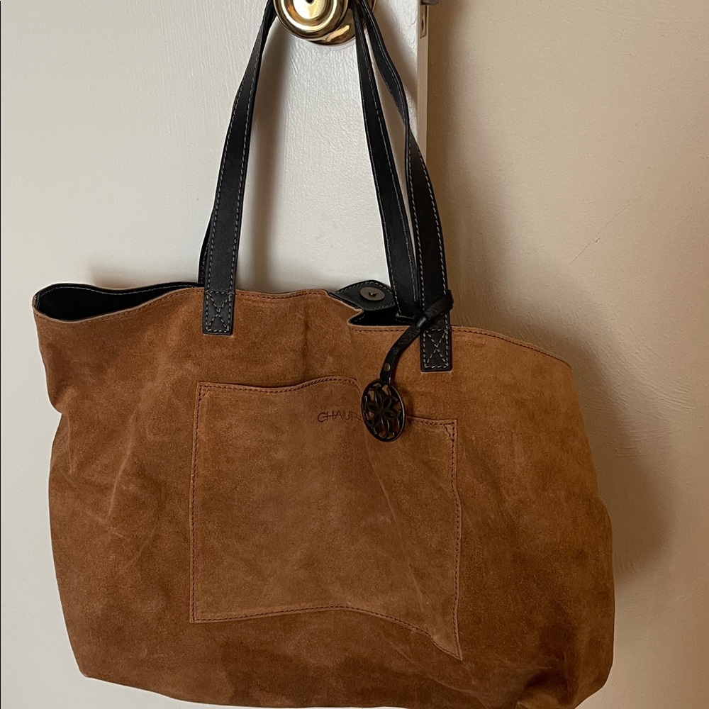 Brown Suede Tote Bag with Black Handles
